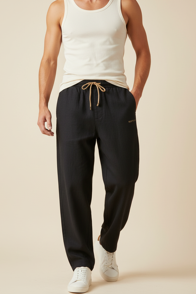 Pantalon Baggy Noir Ample Cordon Décontracté Lin Homme