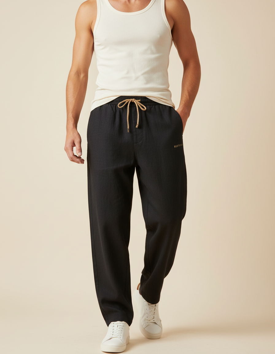 Pantalon Baggy Noir Ample Cordon Décontracté Lin Homme