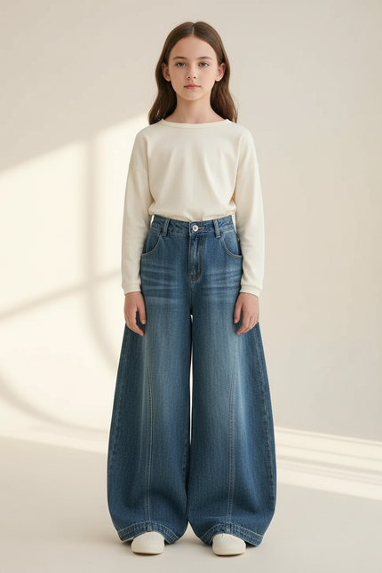 Pantalon Baggy Jean Ample Bleu Fille Décontracté