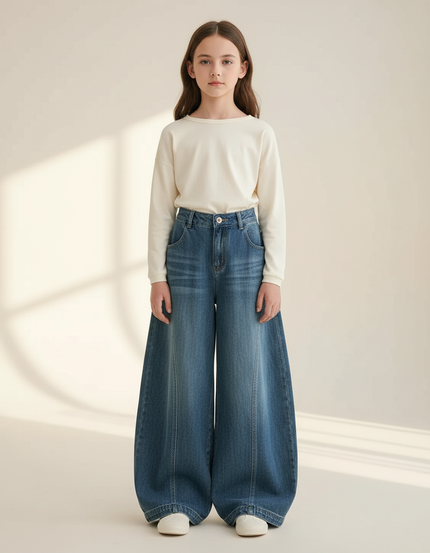 Pantalon Baggy Jean Ample Bleu Fille Décontracté