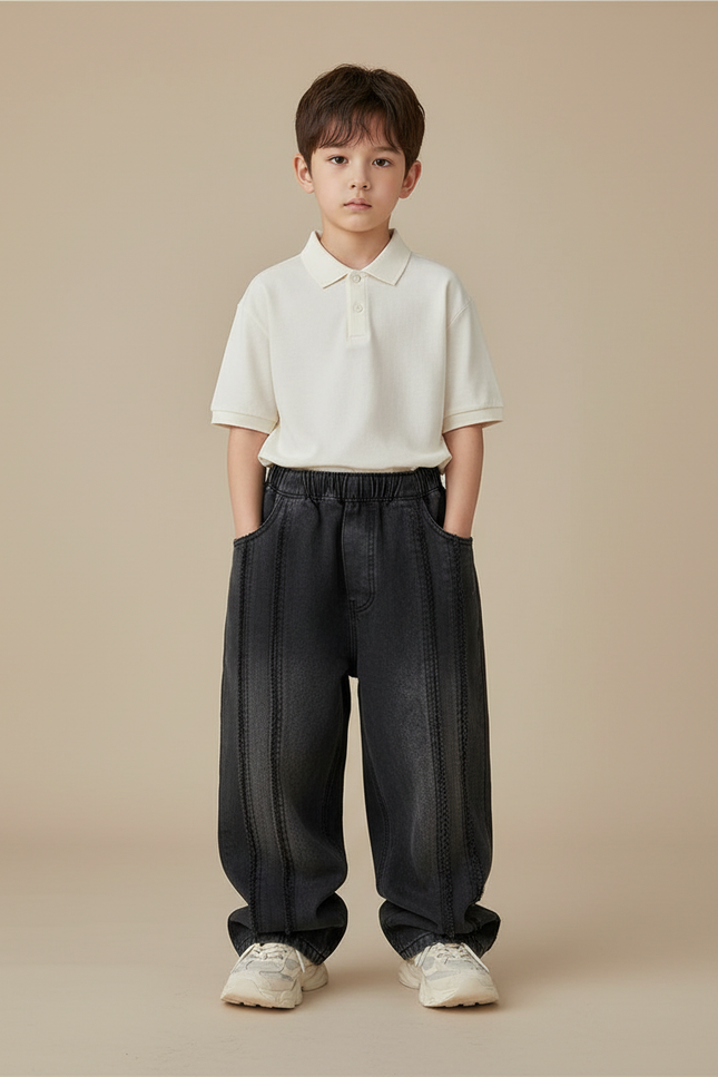 Pantalon Baggy Jean Gris Ample Coton Plissé Garçon