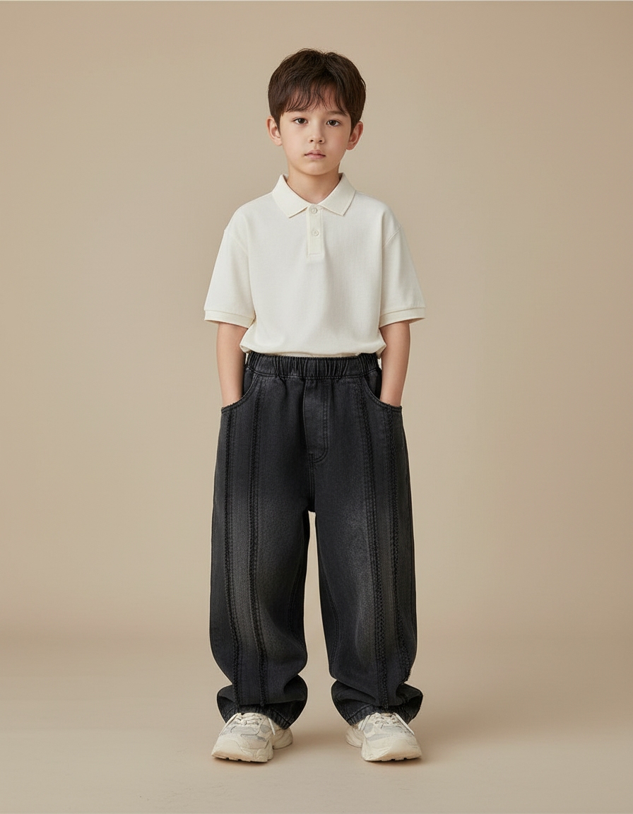 Pantalon Baggy Jean Gris Ample Coton Plissé Garçon