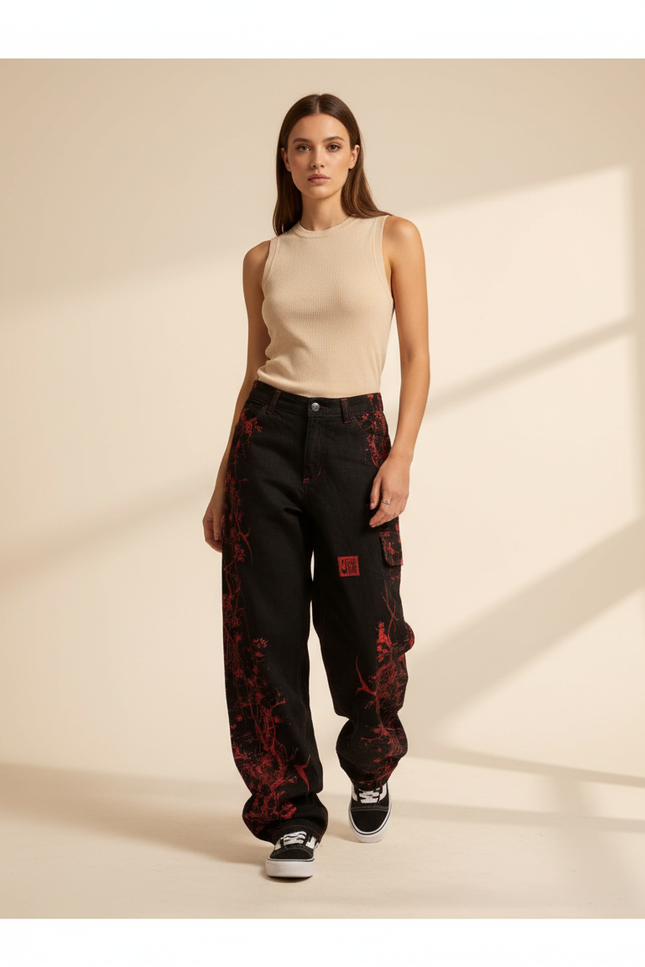 Pantalon Baggy Noir Ample Motif Dragon Rouge - Jean