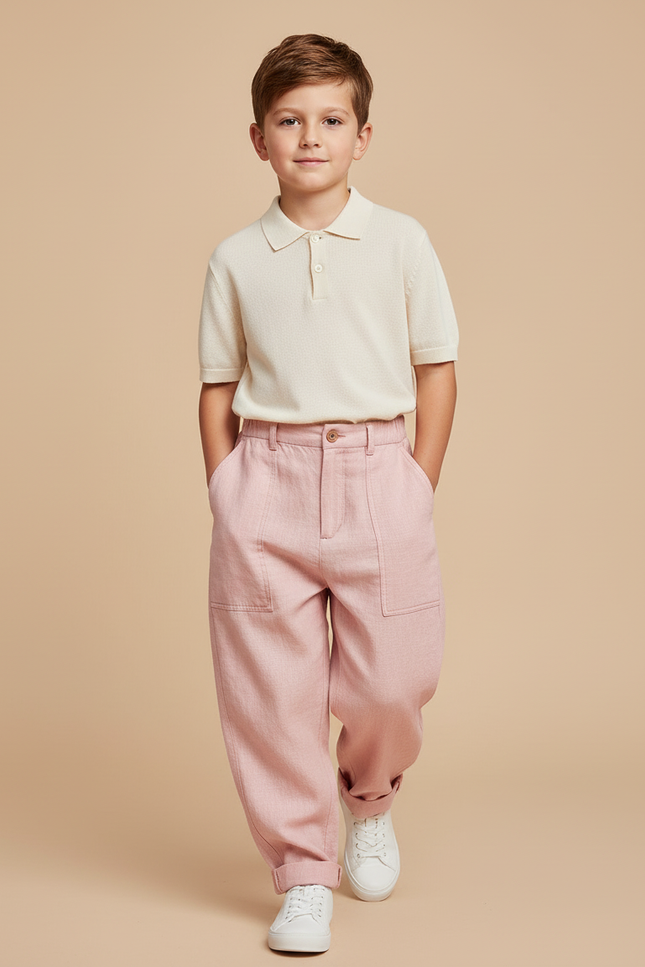 Pantalon Baggy Rose Ample Décontracté Enfant Poches - Lin
