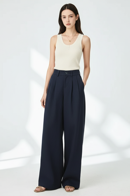 Pantalon Baggy Marine Plissé Ample Fluide Femme - Viscose