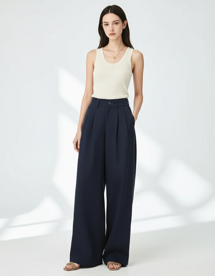 Pantalon Baggy Marine Plissé Ample Fluide Femme - Viscose
