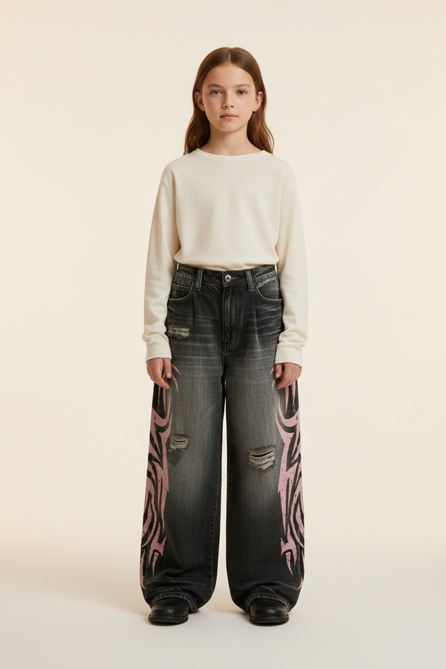 Pantalon Baggy Noir Délavé Imprimé Rose Tribal - Jean