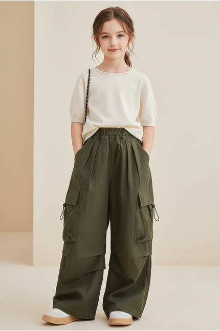 Pantalon Baggy Vert Cargo Ample Décontracté Enfant - Toile