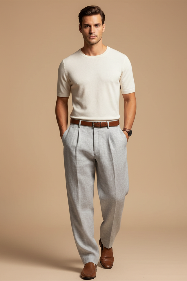 Pantalon Baggy Gris Clair Plissé Ample Élégant Homme - Laine