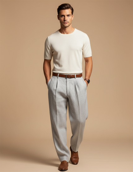 Pantalon Baggy Gris Clair Plissé Ample Élégant Homme - Laine