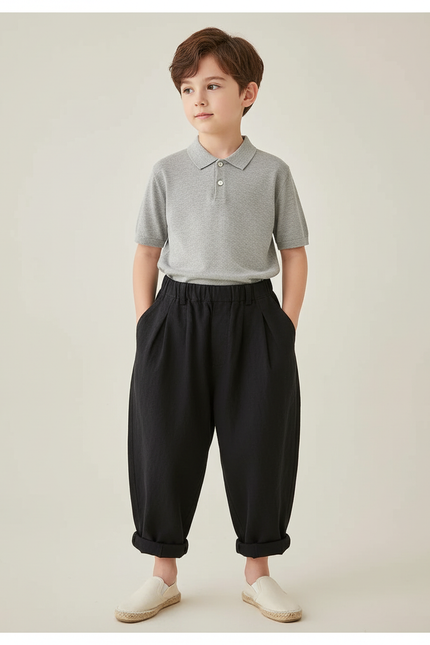 Pantalon Baggy Noir Ample Lin Garçon Décontracté