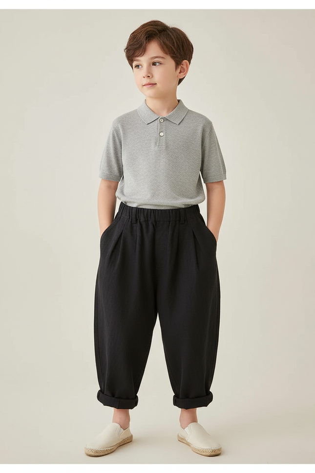 Pantalon Baggy Noir Ample Lin Garçon Décontracté