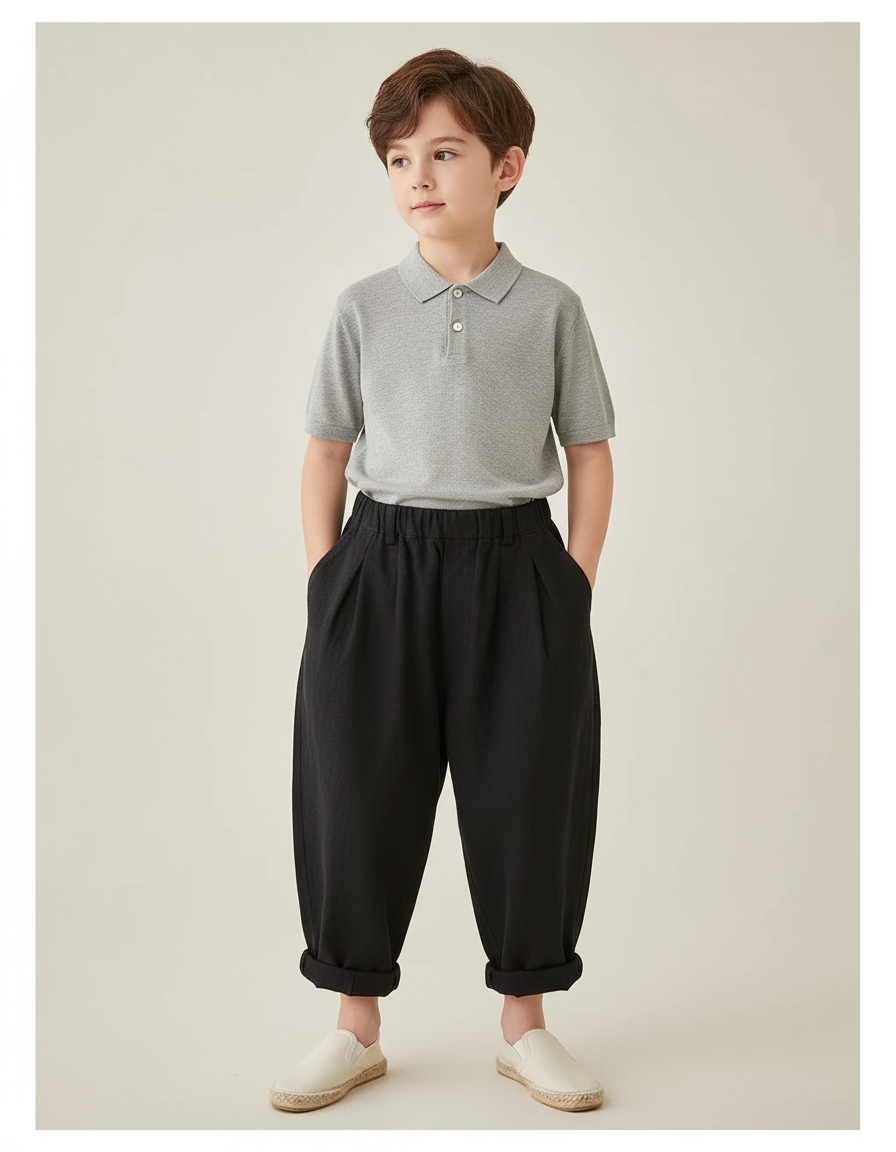 Pantalon Baggy Noir Ample Lin Garçon Décontracté