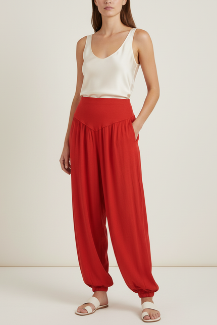 Pantalon Baggy Rouge Fluide Taille Haute Femme - Viscose