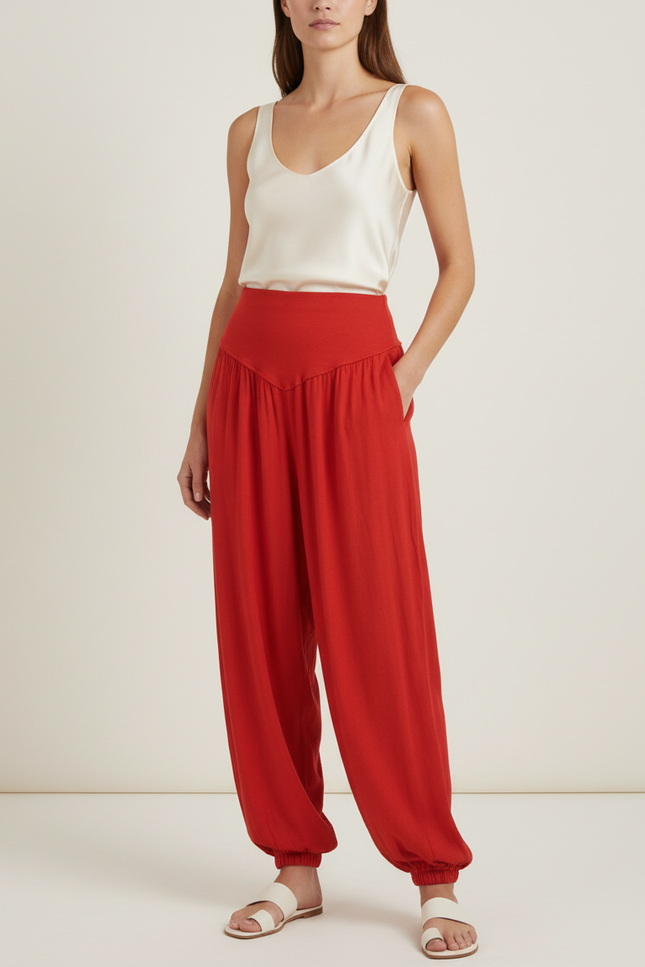 Pantalon Baggy Rouge Fluide Taille Haute Femme - Viscose