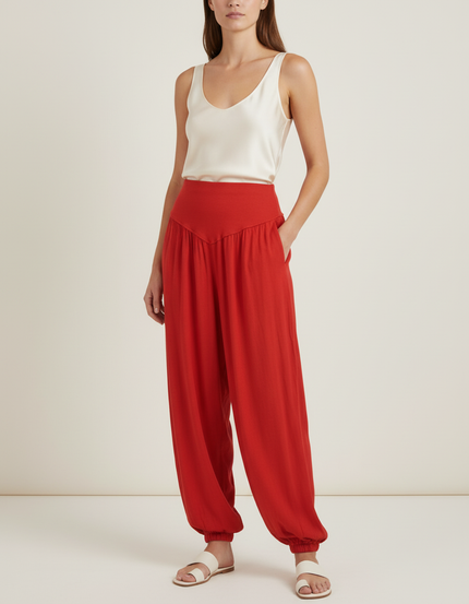 Pantalon Baggy Rouge Fluide Taille Haute Femme - Viscose