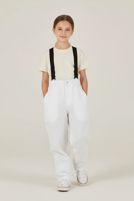 Pantalon Baggy Blanc Lin Bretelles Ample Enfant