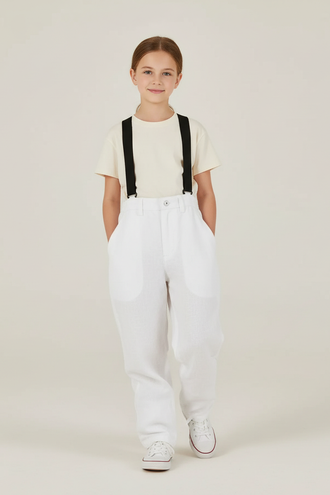 Pantalon Baggy Blanc Lin Bretelles Ample Enfant