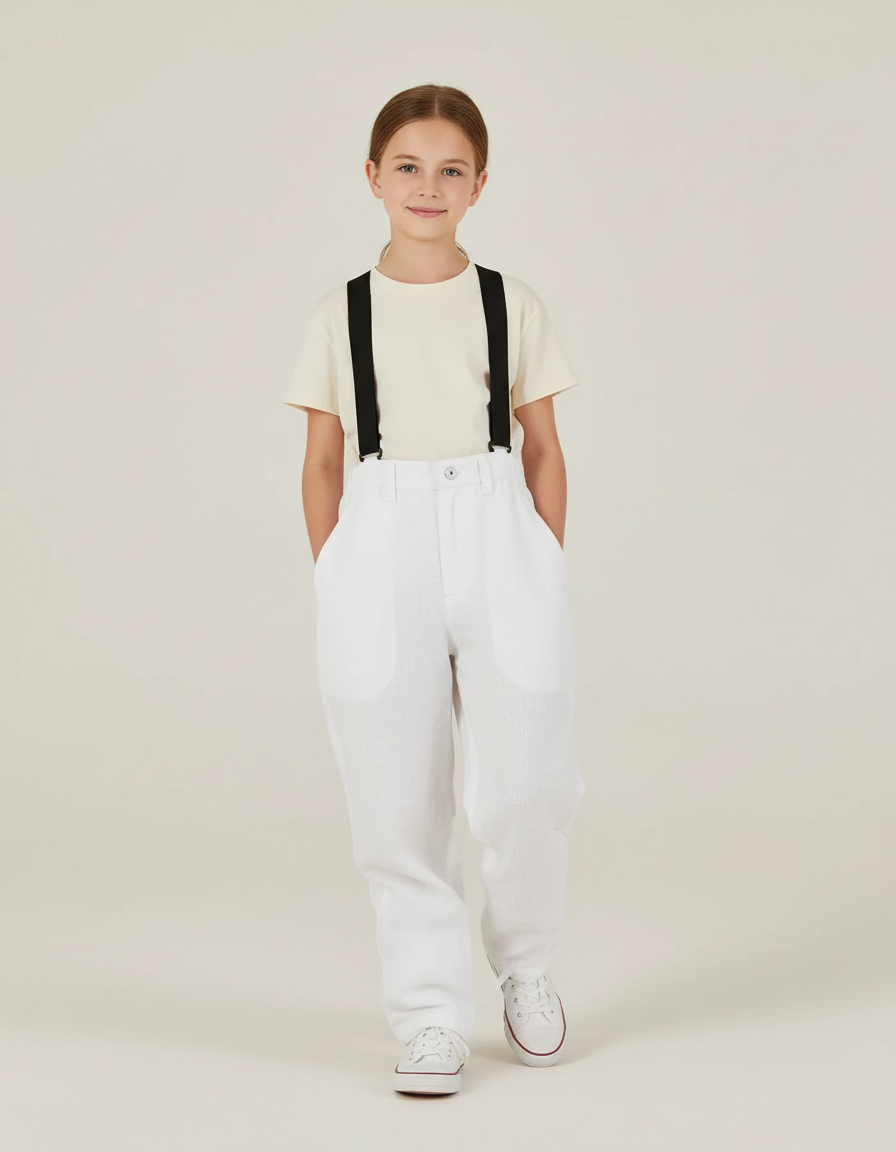 Pantalon Baggy Blanc Lin Bretelles Ample Enfant