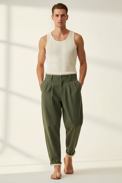 Pantalon Baggy Vert Olive Ample Coton Plissé Décontracté - Kaki