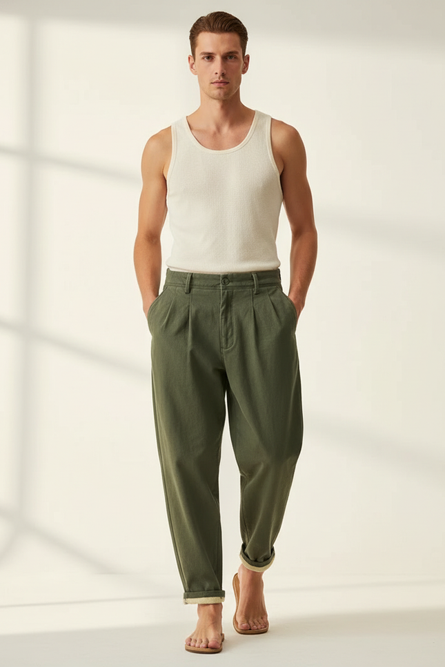 Pantalon Baggy Vert Olive Ample Coton Plissé Décontracté - Kaki