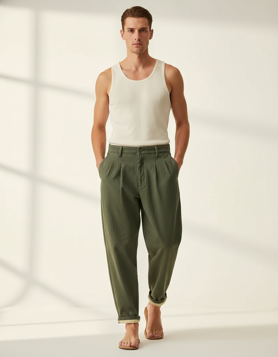 Pantalon Baggy Vert Olive Ample Coton Plissé Décontracté - Kaki