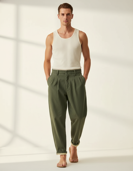 Pantalon Baggy Vert Olive Ample Coton Plissé Décontracté - Kaki
