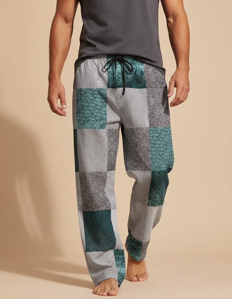 Pantalon Baggy Patchwork Géométrique Vert Gris Décontracté - Multicolore Molleton