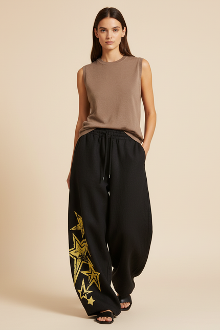 Pantalon Baggy Noir Ample Étoiles Dorées Cordon Femme - Molleton