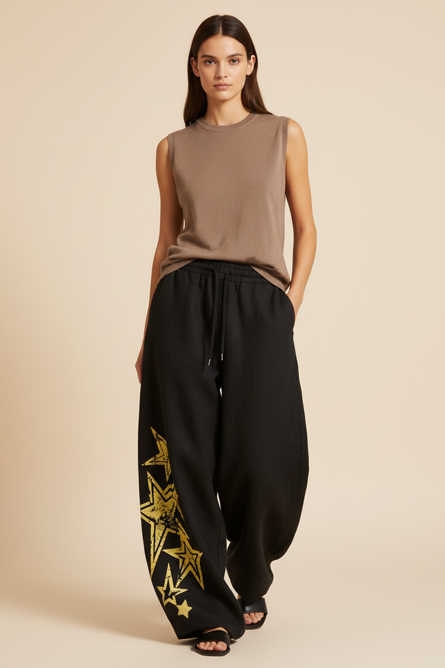 Pantalon Baggy Noir Ample Étoiles Dorées Cordon Femme - Molleton