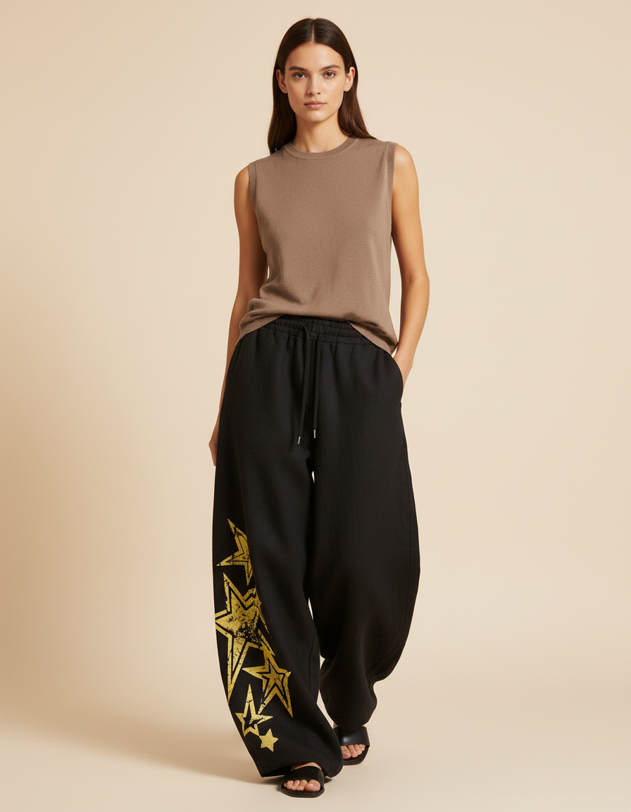 Pantalon Baggy Noir Ample Étoiles Dorées Cordon Femme - Molleton