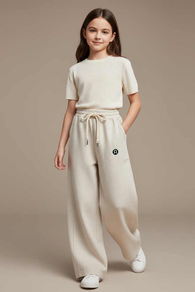 Pantalon Baggy Crème Ample Décontracté Sport Enfant - Beige Molleton