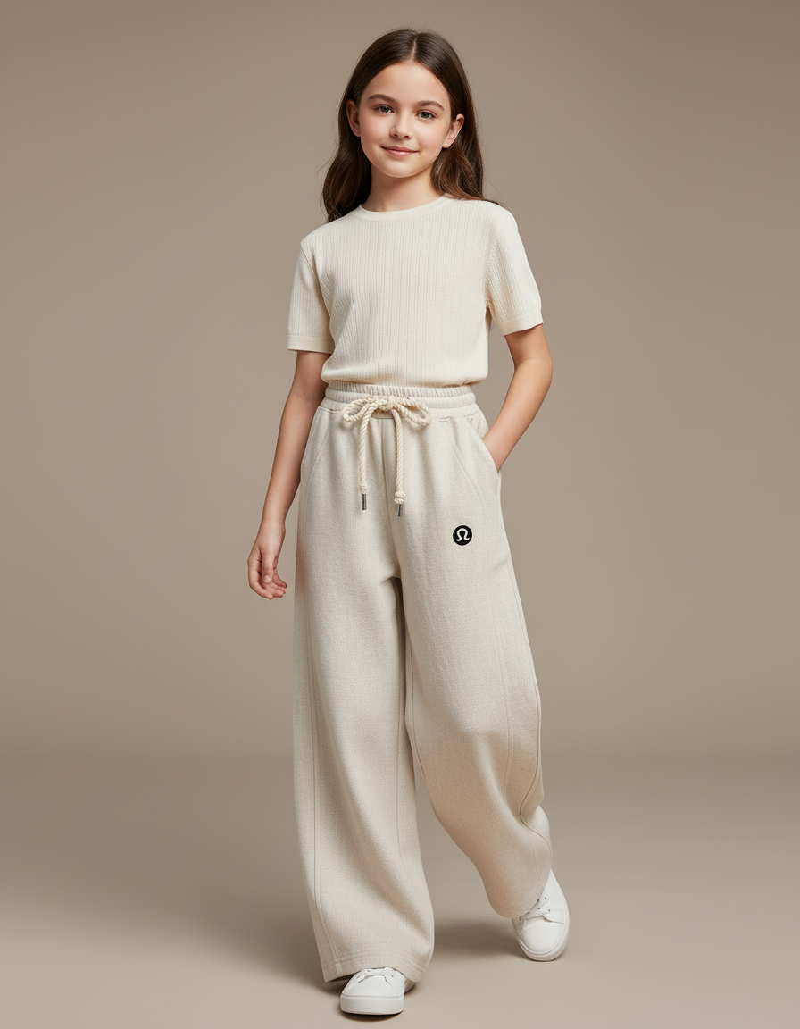 Pantalon Baggy Crème Ample Décontracté Sport Enfant - Beige Molleton