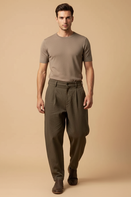 Pantalon Baggy Vert Olive Ample Lin Plissé Décontracté - Kaki