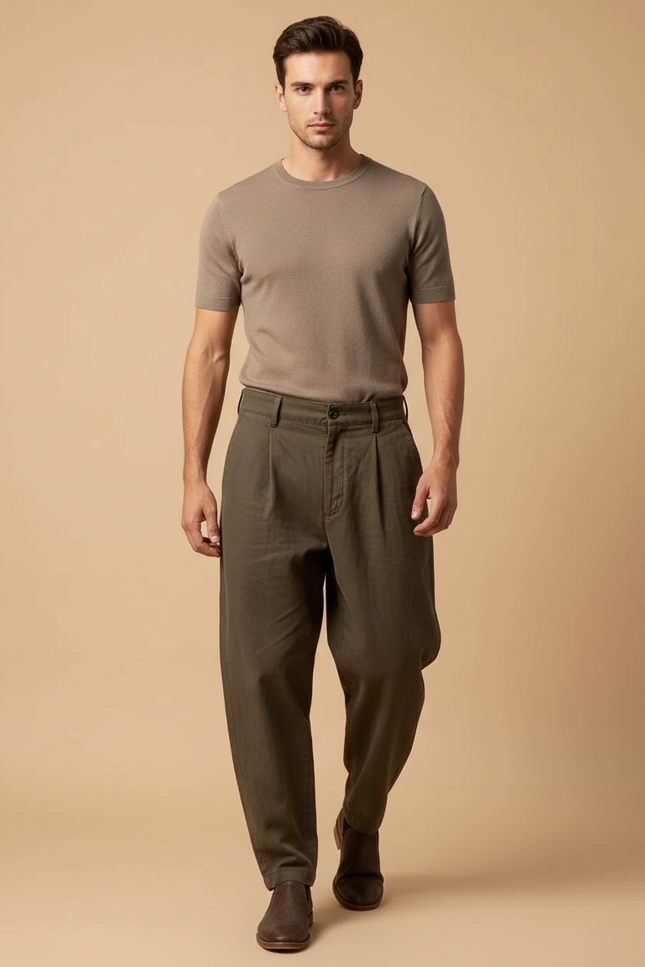 Pantalon Baggy Vert Olive Ample Lin Plissé Décontracté - Kaki