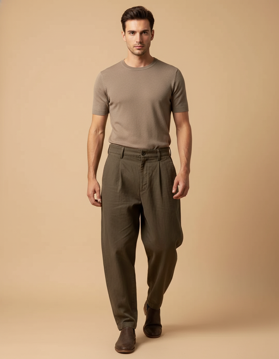Pantalon Baggy Vert Olive Ample Lin Plissé Décontracté - Kaki