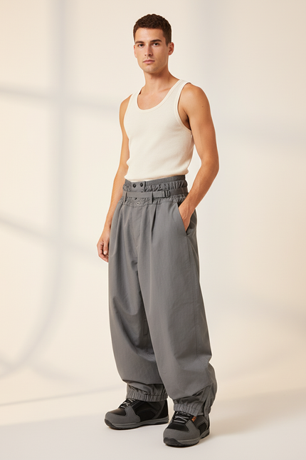 Pantalon Baggy Gris Ample Plissé Décontracté Homme - Polyester
