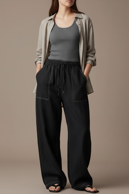 Pantalon Baggy Noir Ample Fluide Coton Détendu
