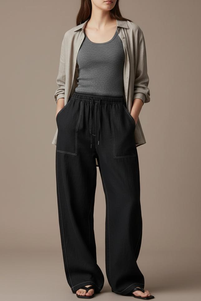 Pantalon Baggy Noir Ample Fluide Coton Détendu