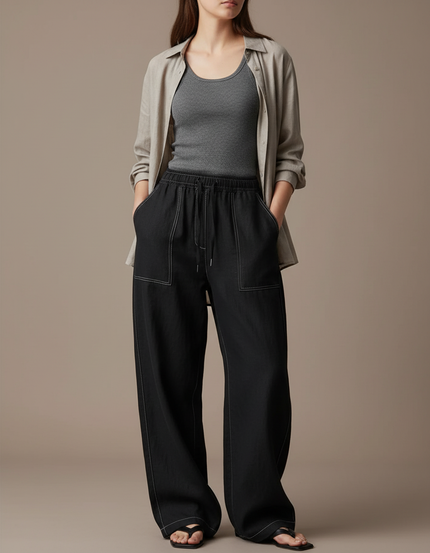 Pantalon Baggy Noir Ample Fluide Coton Détendu
