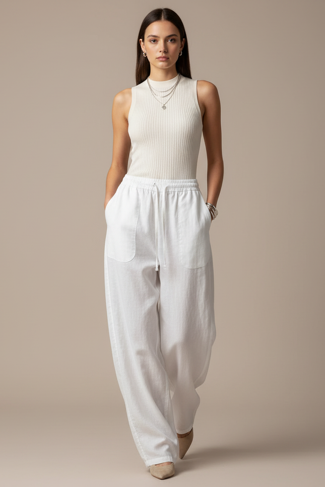 Pantalon Baggy Blanc Lin Ample Cordon Femme