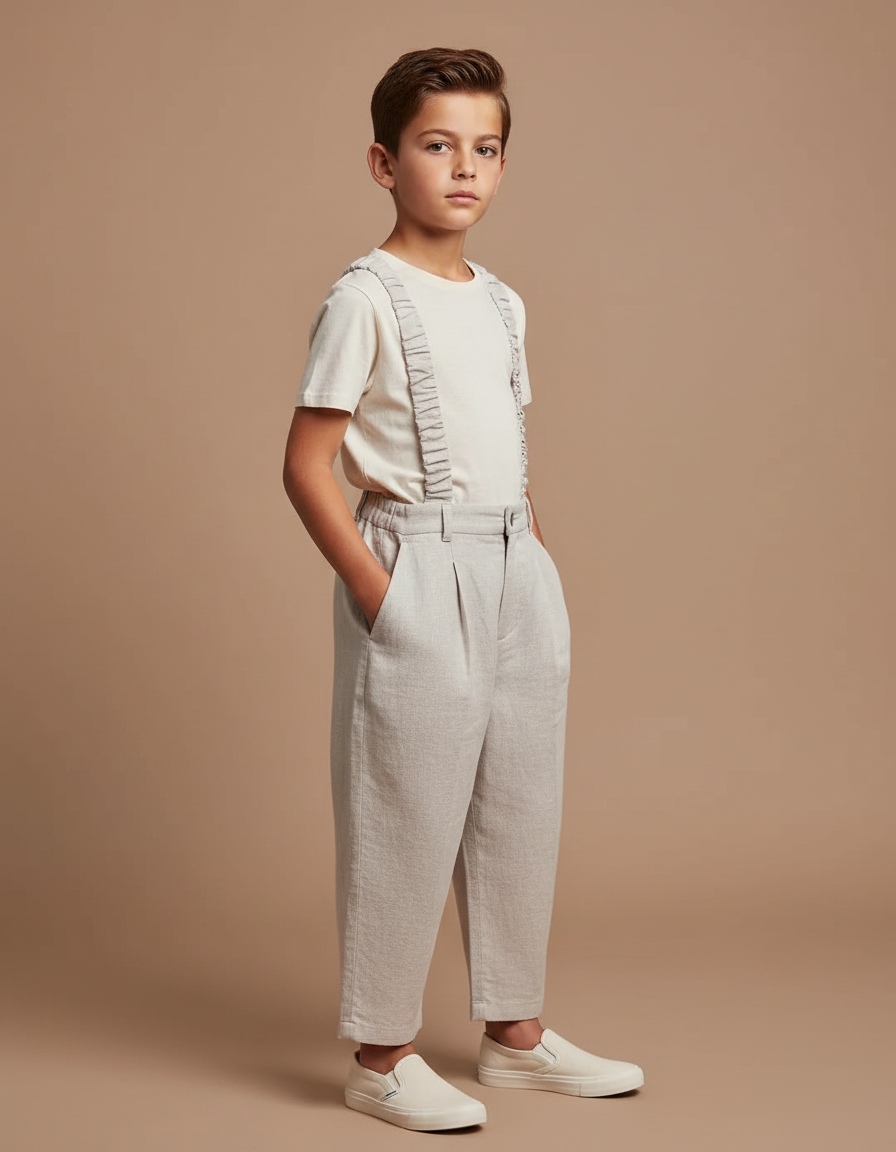 Pantalon Baggy Lin Gris Ample Bretelles Enfant