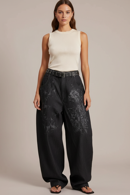 Pantalon Baggy Noir Ample Imprimé Streetwear Femme - Jean