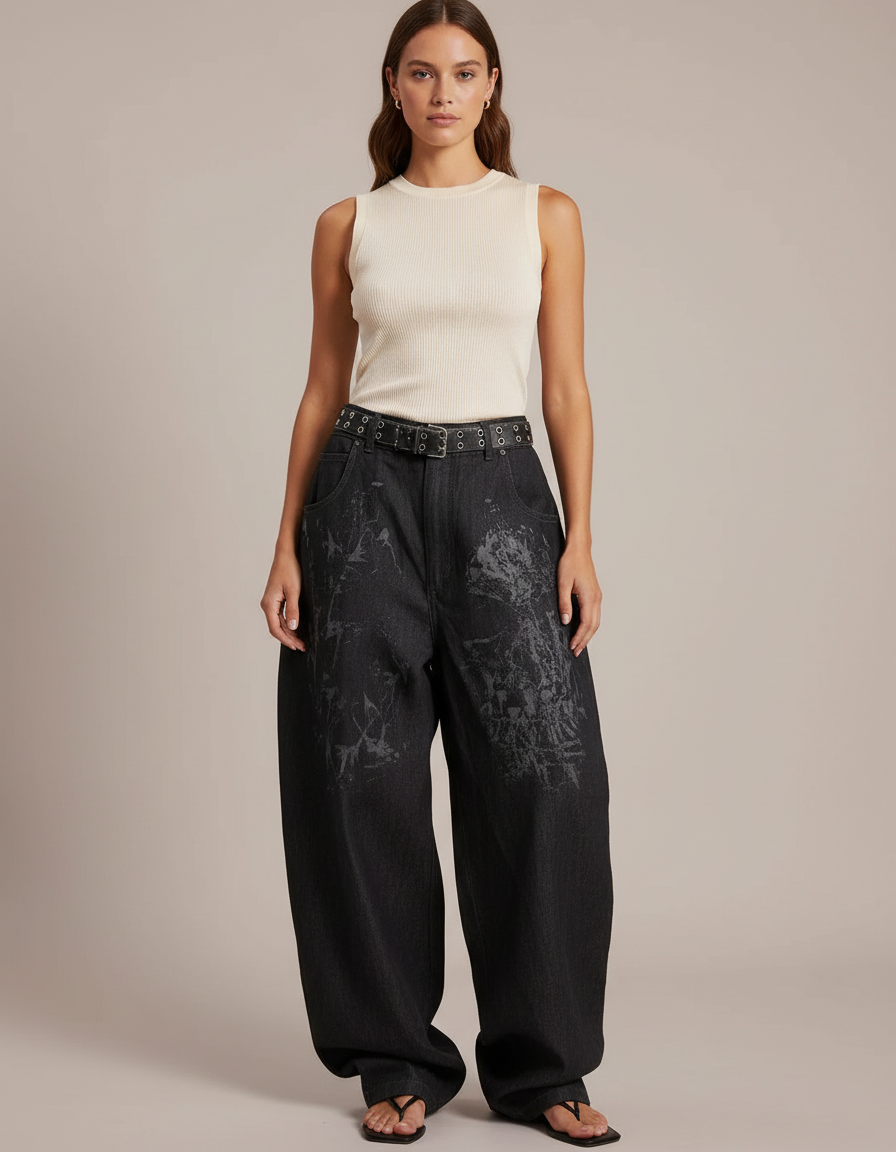 Pantalon Baggy Noir Ample Imprimé Streetwear Femme - Jean