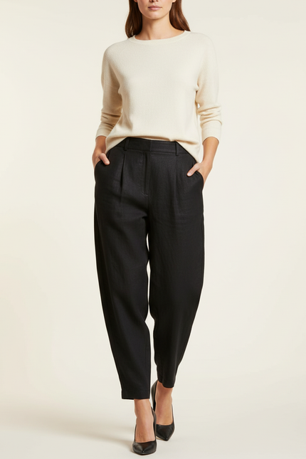 Pantalon Baggy Noir Lin Plissé Ample Décontracté