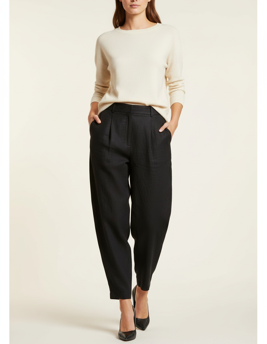 Pantalon Baggy Noir Lin Plissé Ample Décontracté