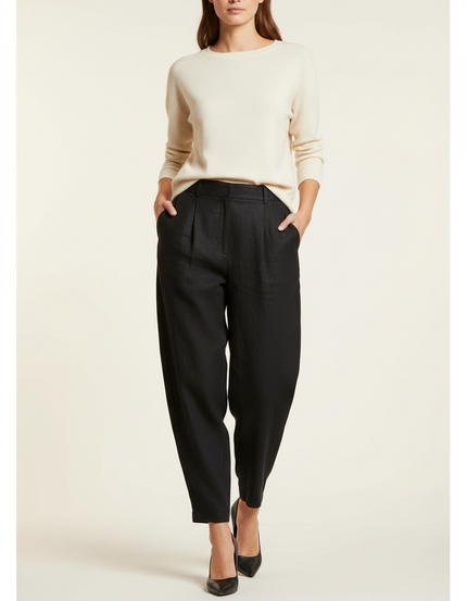 Pantalon Baggy Noir Lin Plissé Ample Décontracté