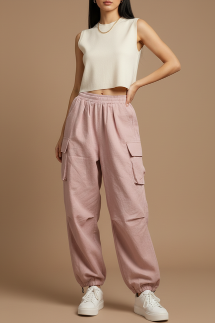Pantalon Baggy Rose Cargo Ample Taille Haute - Toile