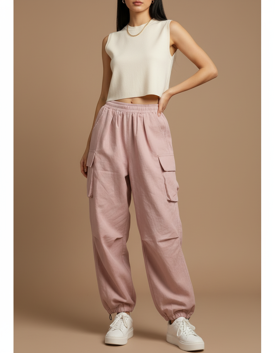 Pantalon Baggy Rose Cargo Ample Taille Haute - Toile