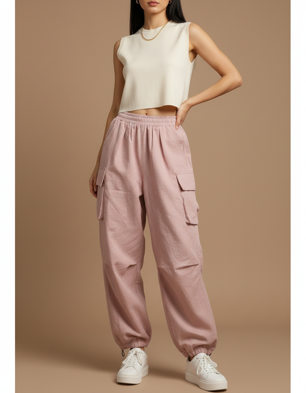 Pantalon Baggy Rose Cargo Ample Taille Haute - Toile